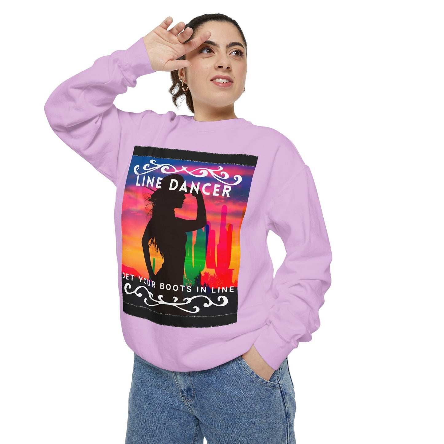 "Line Dancer, Get Your Boots in Line" Unisex Lightweight Crewneck Sweatshirt – Western Dance Graphic Pullover for Country Music & Boot Scootin’ Fans