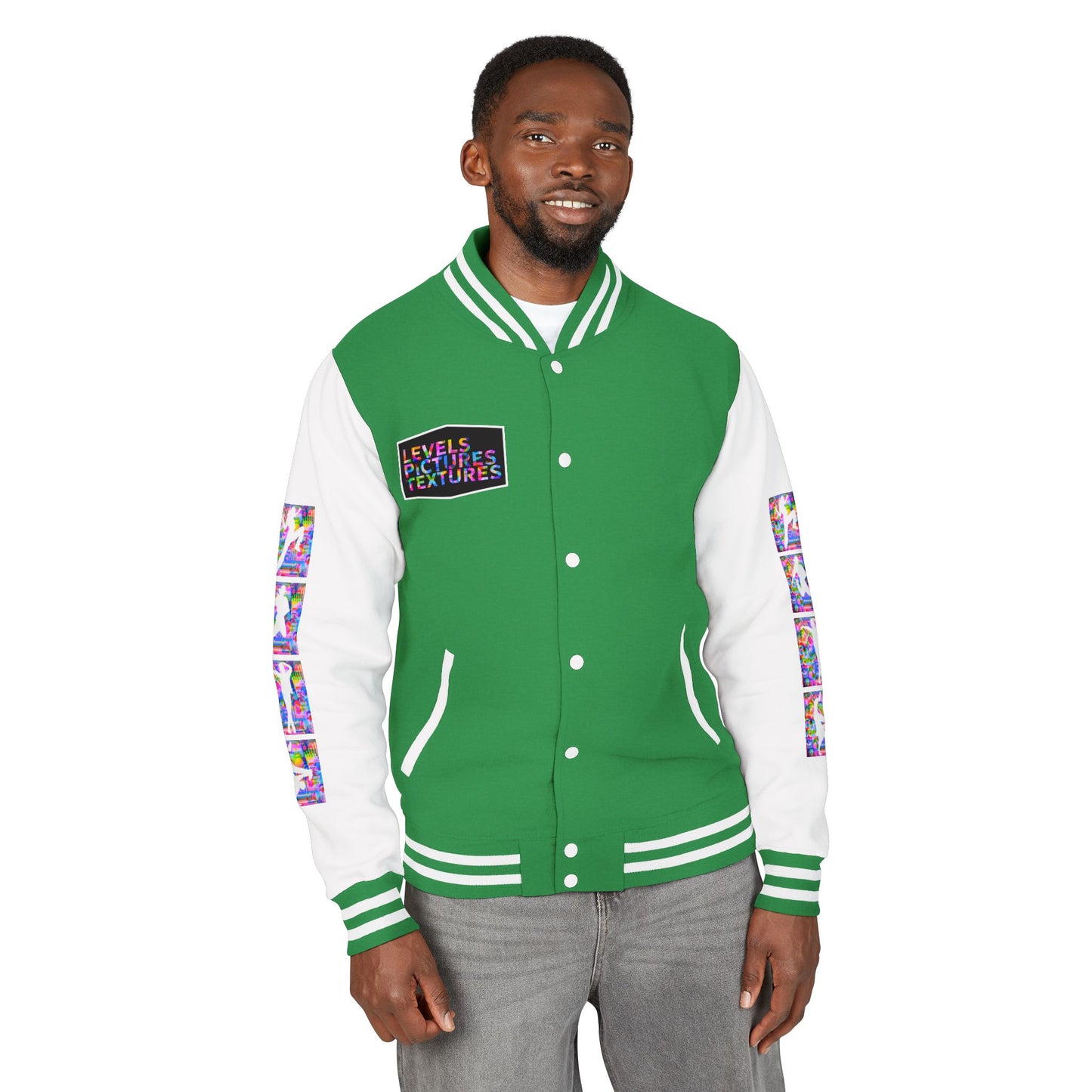Levels Premium Collection Dance Letterman Jacket β Colorful Unisex Streetwear Varsity Jacket with "Levels Pictures Textures" Front and Dancer Silhouette Back Graphic
