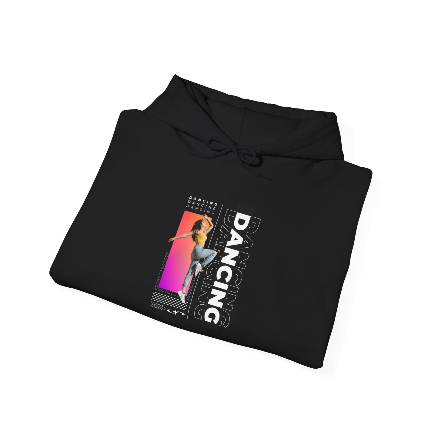 Dancing” Text with Streetwear-Style Female Dancer Graphic - Unisex Heavy Blend™ Hooded Sweatshirt – Cozy Dance Hoodie for Ballet & Hip-Hop Enthusiasts