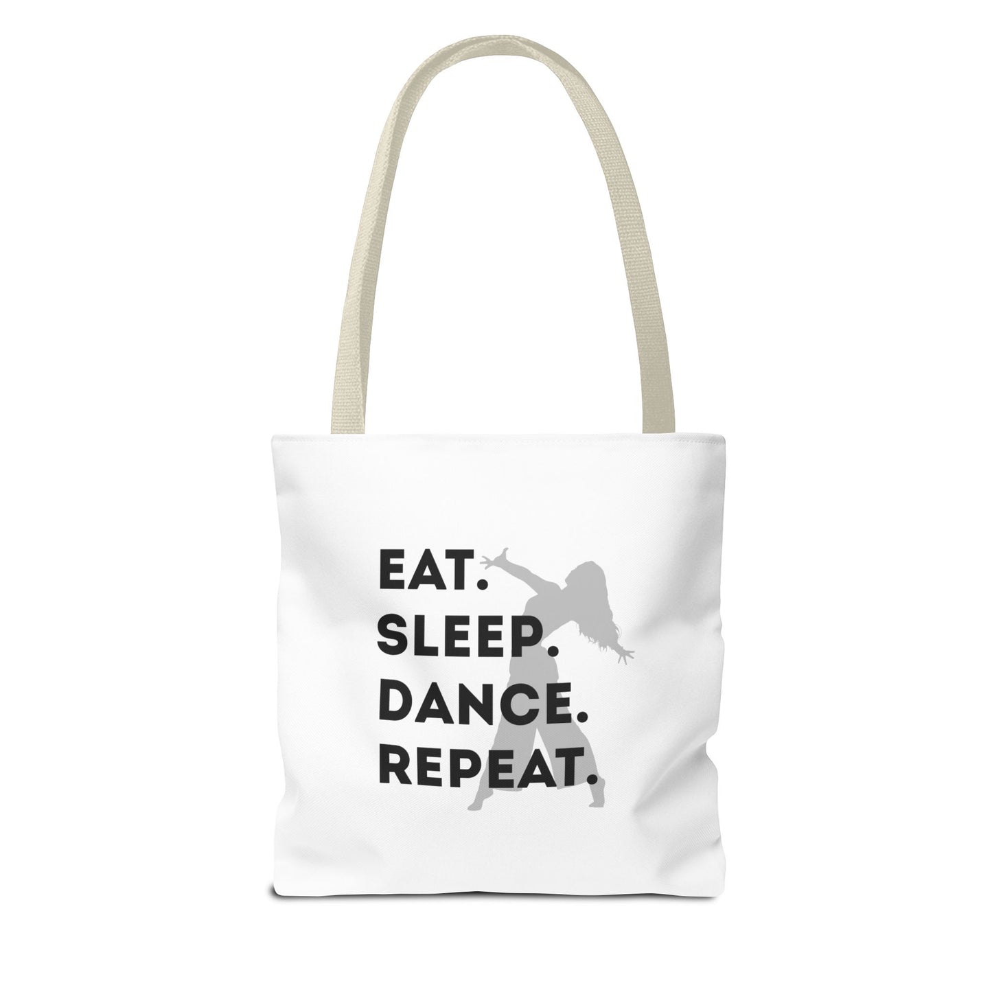 "Eat Sleep Dance Repeat" Canvas Tote Bag – Gray Dancer Silhouette Dance-Themed Reusable Shoulder Bag for Dancers, Studio, or Everyday Use