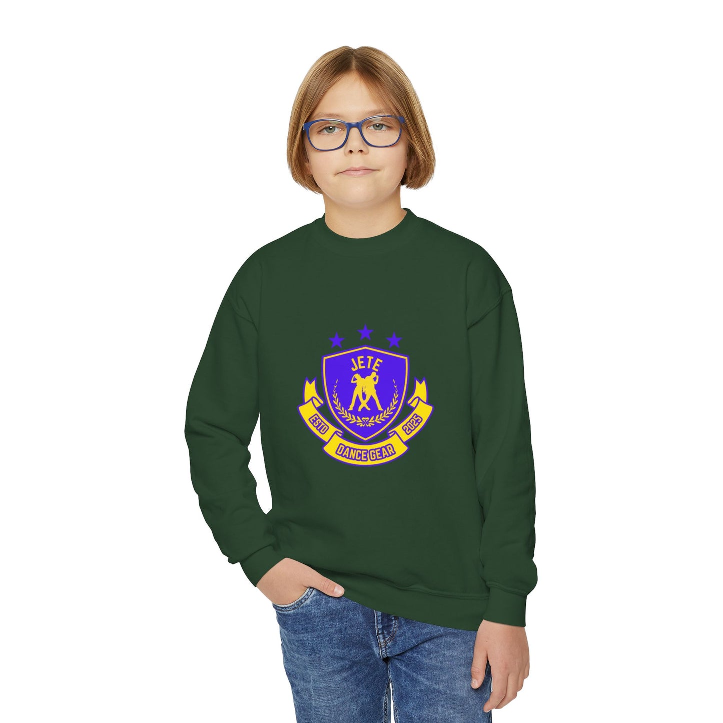"Jeté Dance Gear" – Collegiate Style Youth Crewneck Sweatshirt | Bold Kids Dance Team Pullover