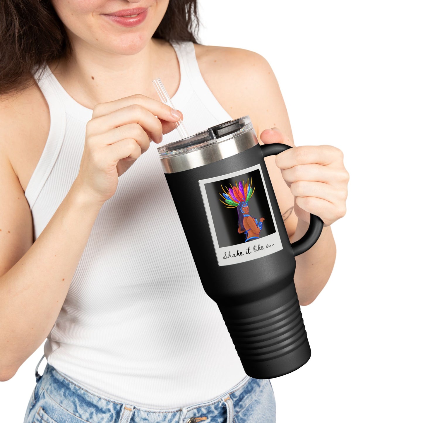 "Shake It Like a..." 40oz Insulated Travel Mug – Carnival Samba Dancer Graphic | Fun Dance-Themed Stainless Steel Tumbler for Hot & Cold Drinks
