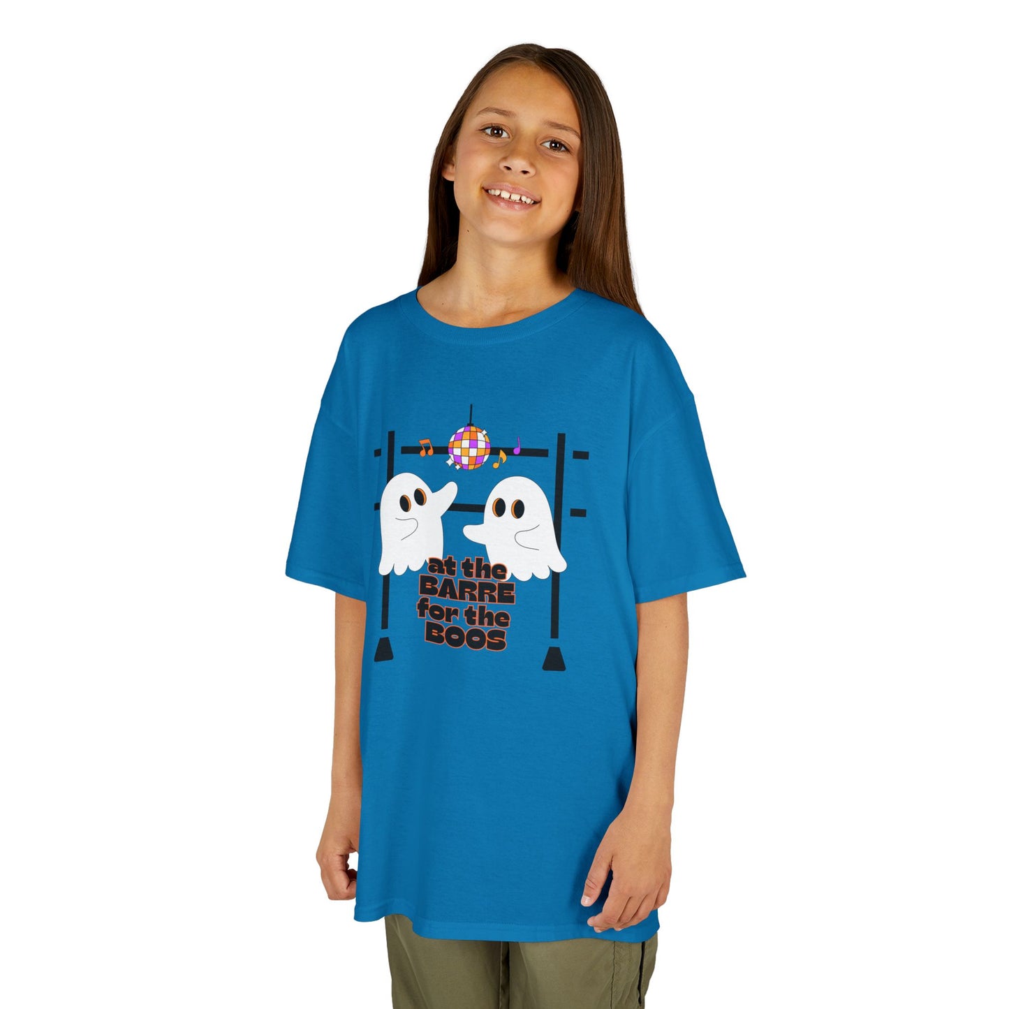 “At the Barre for the Boos” Halloween Dance T-Shirt with Cute Ghost Ballet Graphics - Kids Heavy Cotton™ Tee
