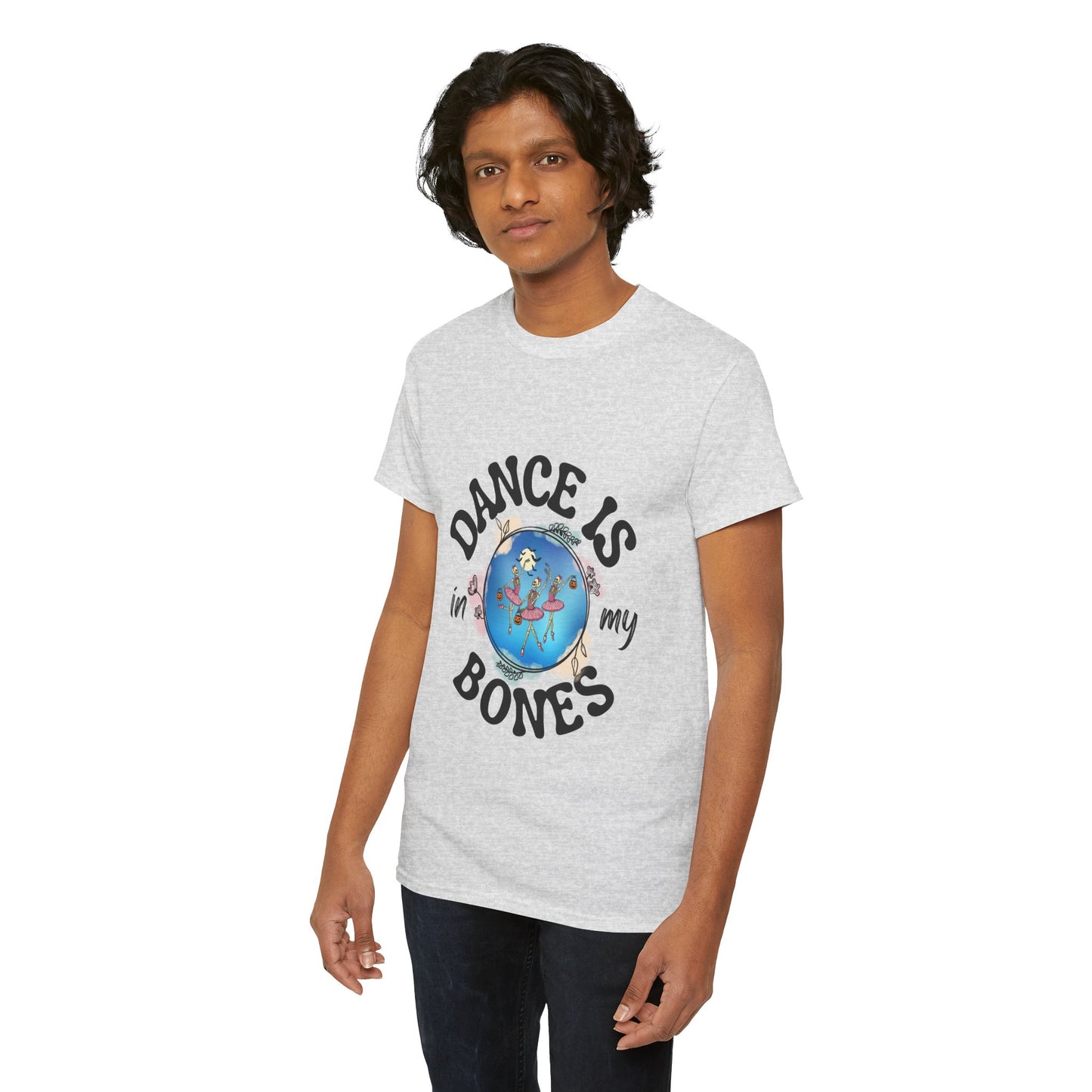 “Dance Is in My Bones” Halloween Dance T-Shirt with Dancing Skeletons Graphic - Unisex Heavy Cotton Tee