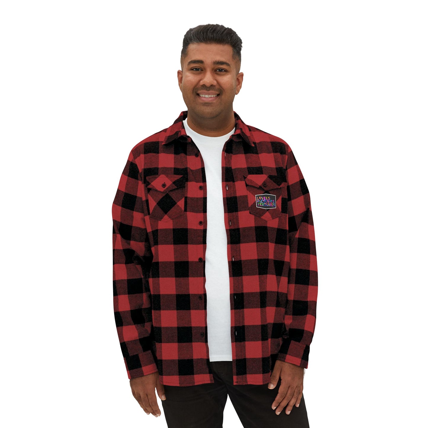 Levels Premium Collection Flannel Shirt – Unisex Streetwear Button-Up with "Levels Pictures Textures" Front Text and Bold Dancer Silhouette Back Graphic