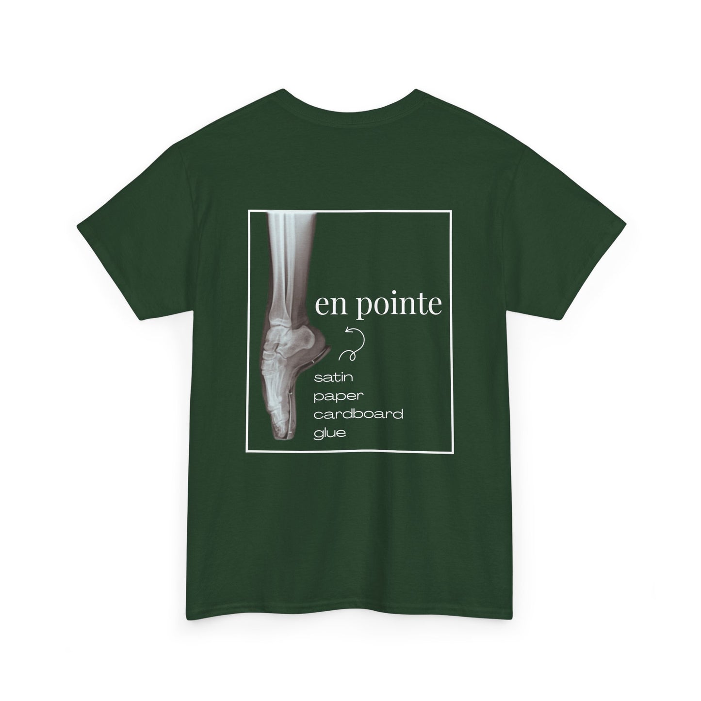 “I Dance en Pointe” X-Ray Ballet T-Shirt – Unisex Heavy Cotton Tee Featuring Pointe Shoe Foot Graphic with Optional Name or Studio Personalization on the back