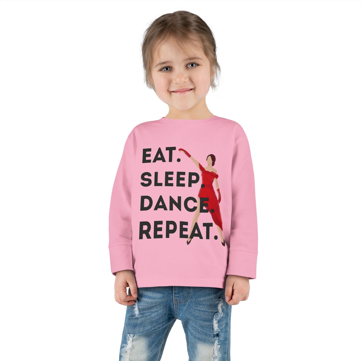 "Eat, Sleep, Dance, Repeat" Toddler Dance Long Sleeve T-Shirt – Bold Dancer Graphic Shirt for Kids