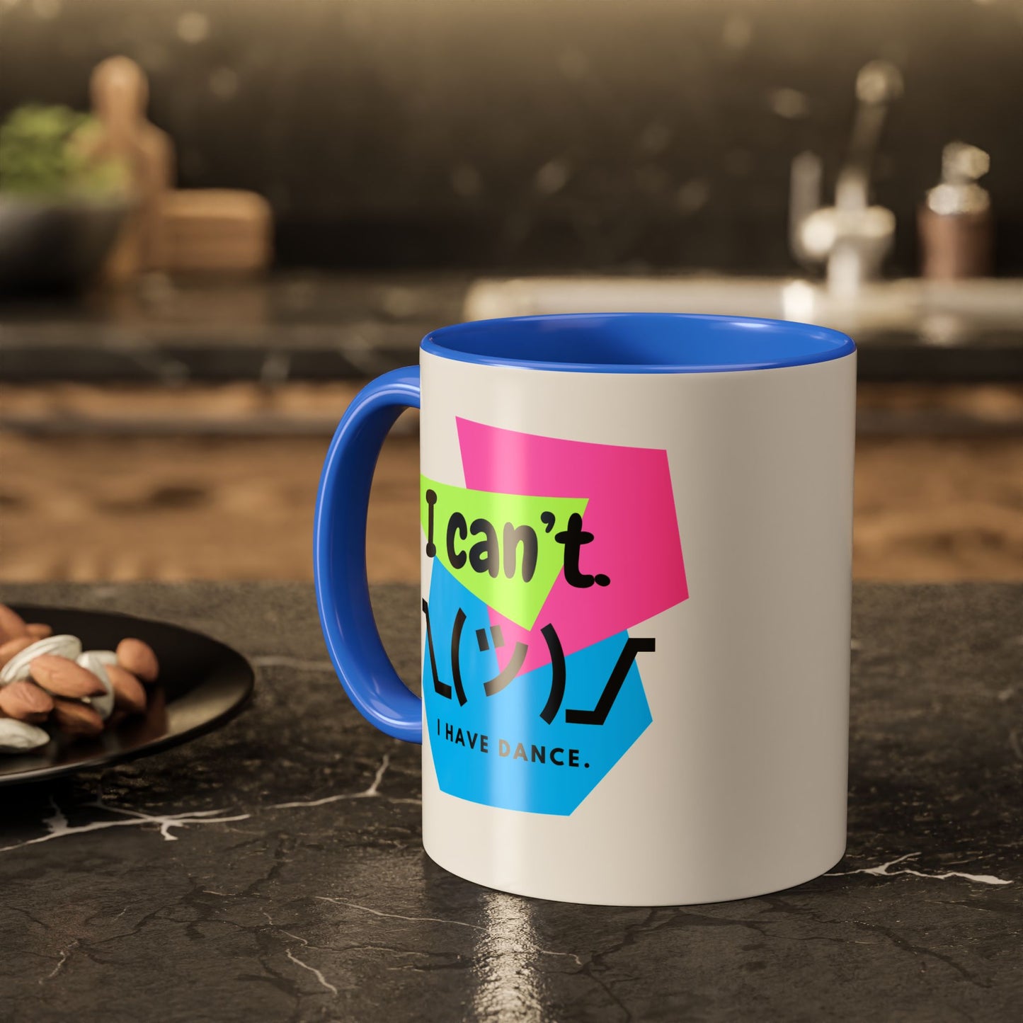 “I Can’t. I Have Dance Mug.” with Colored Handles – Bold 80s Retro Dance Graphic Coffee Cup
