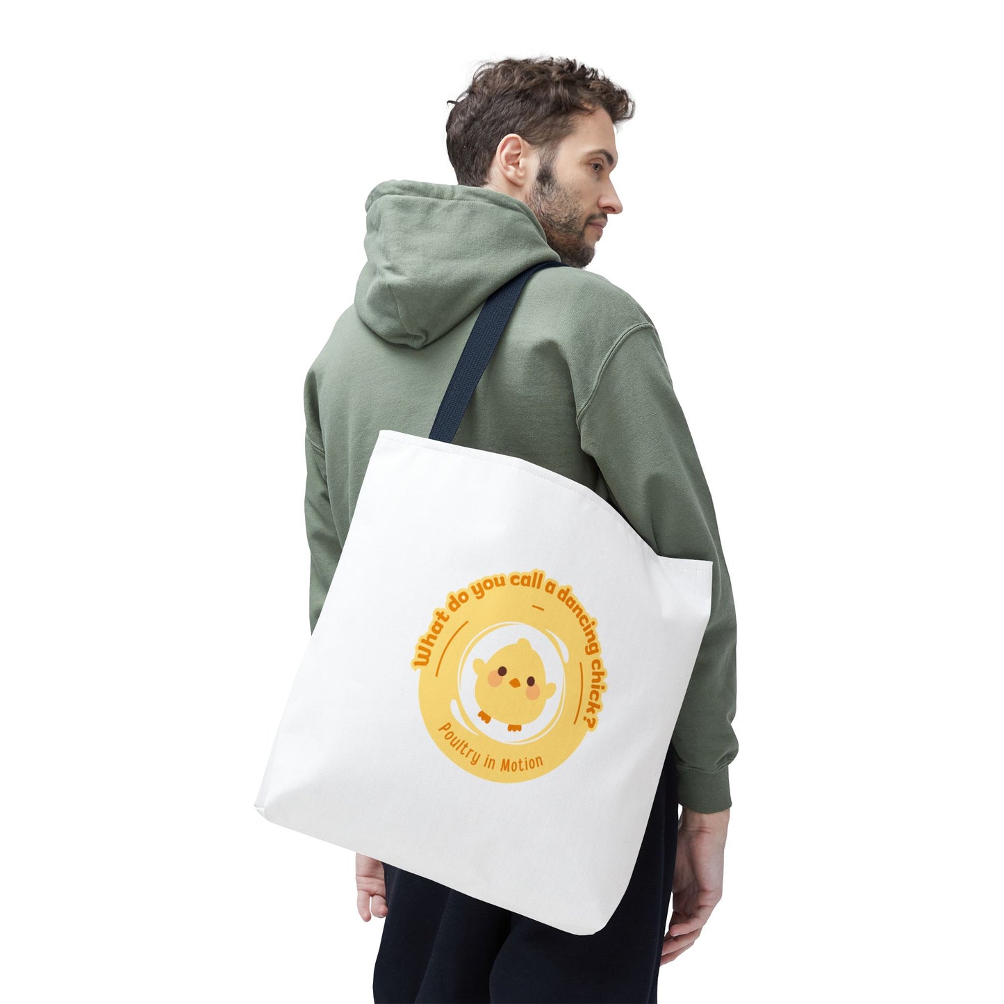 "What do you call a dancing chick? Poultry in Motion" Funny Dance Tote Bag – Kawaii Chicken Canvas Tote for Dancers & Dance Lovers