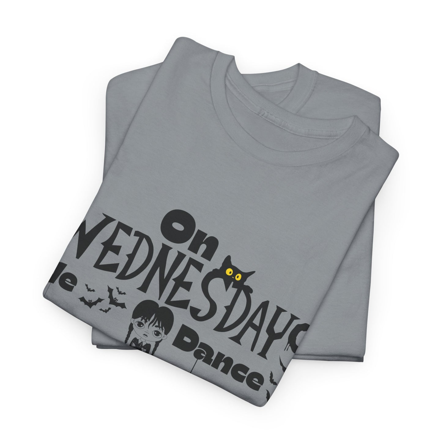 “On Wednesdays We Dance” Gothic Halloween T-Shirt with Cute Girl, Black Cat, Spiders & Bats - Unisex Heavy Cotton Tee