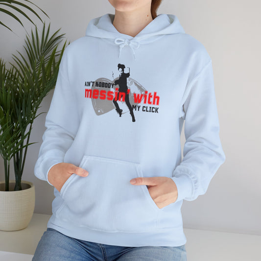 “Ain’t Nobody Messin’ with My Click” Tap Dance Graphic with Tap Shoes & Dancer | Streetwear-Inspired Tap Dancing Hoodie for Dancers - Unisex Heavy Blend™ Hooded Sweatshirt
