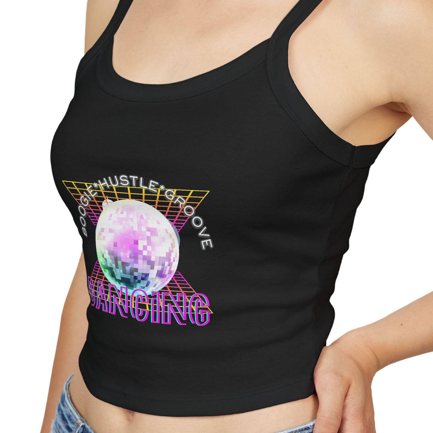 "Boogie, Hustle, Groove – Dancing" Women’s Spaghetti Strap Tank Top – Bold Retro Graphic | Fun 70s-Inspired Dancewear for Studio & Everyday Style