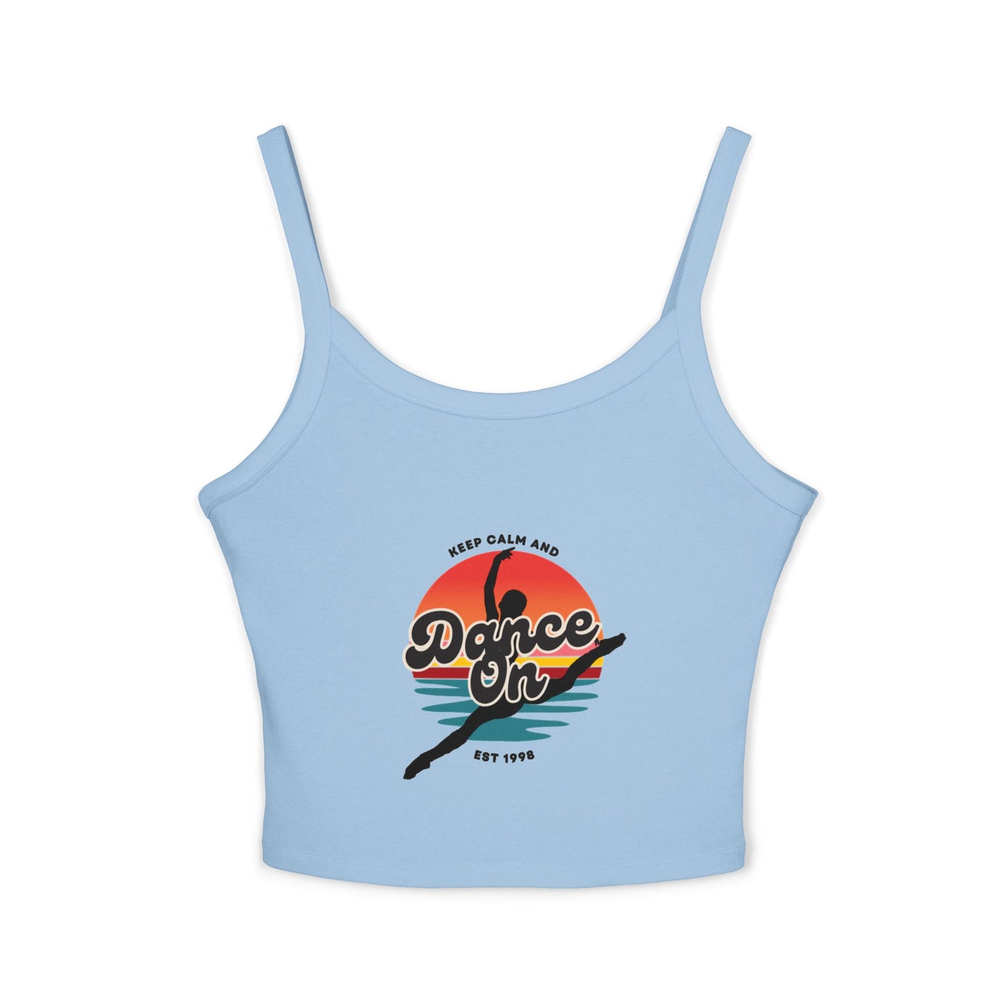 "Keep Calm and Dance On" Women’s Spaghetti Strap Tank Top – Retro Graphic Design | Fun & Stylish Dancewear for Studio, Festivals, and Everyday Outfits