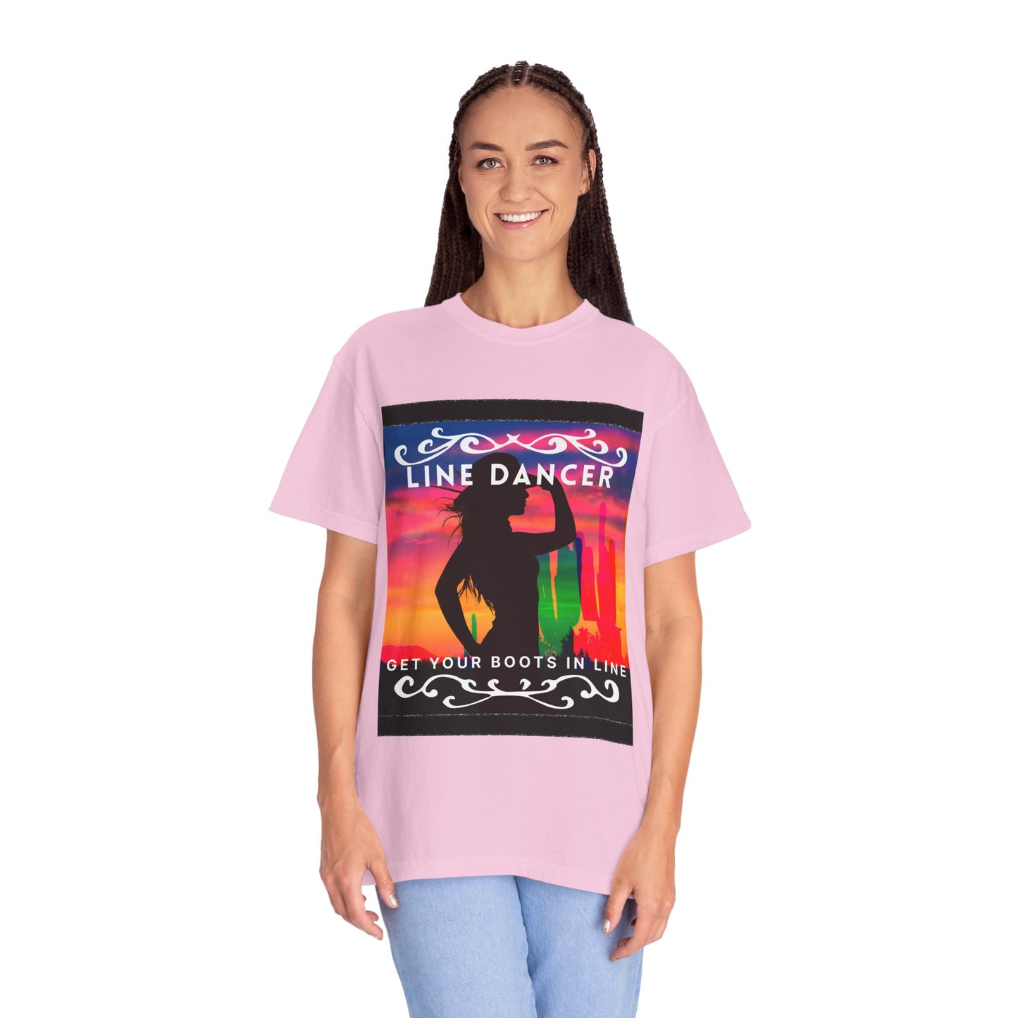 "Line Dancer" Unisex Garment-Dyed T-Shirt – Western Country Dance Graphic Tee – 'Get Your Boots in Line' Cowboy-Inspired Shirt