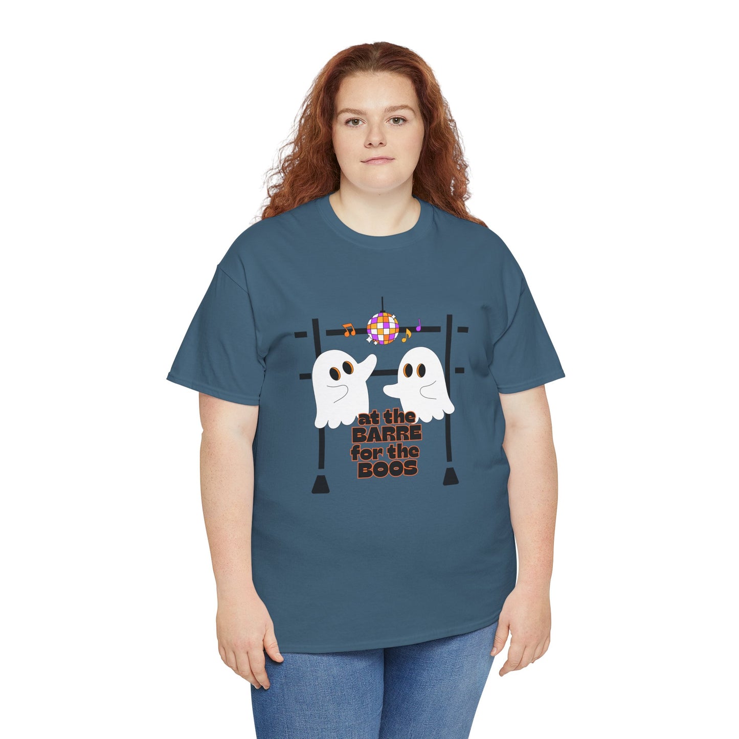 “At the Barre for the Boos” Dance Halloween T-Shirt with Cute Ghost Ballet Graphics - Unisex Heavy Cotton Tee