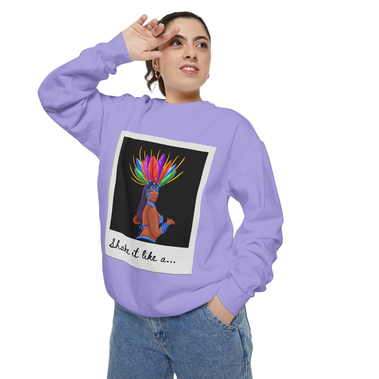 "Shake It Like a..." Unisex Lightweight Crewneck Sweatshirt – Carnival-Inspired Samba Dancer Graphic Pullover for Dance Lovers & Festival Vibes