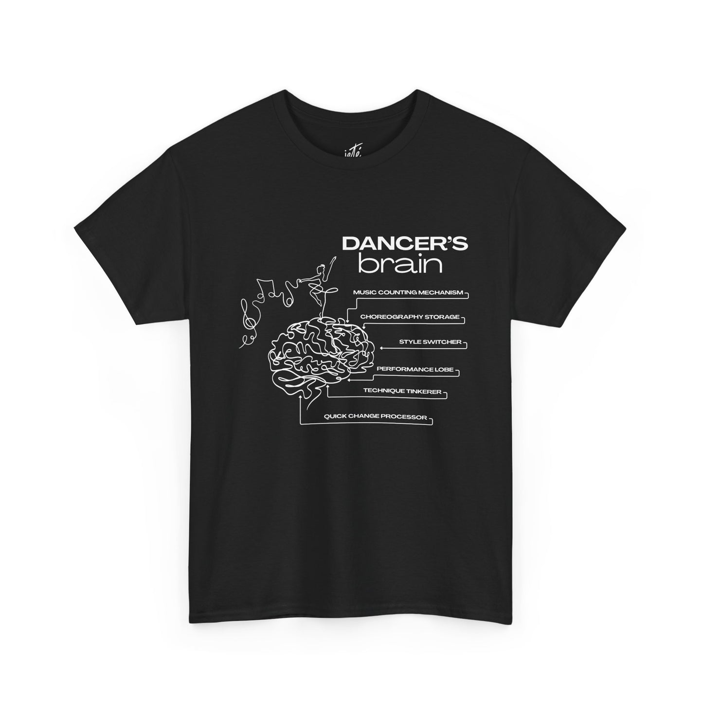 “Dancer’s Brain” Funny Dance Anatomy T-Shirt – Unisex Heavy Cotton Tee with Cute Dancer Brain Diagram and Optional Back Personalization