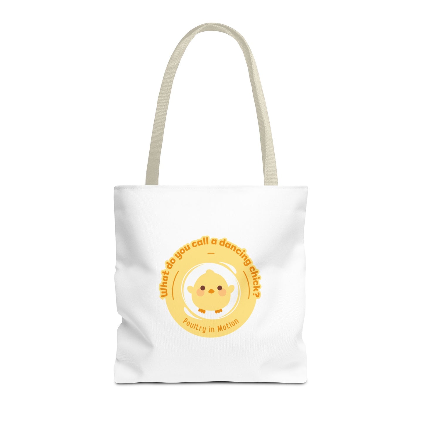 "What do you call a dancing chick? Poultry in Motion" Funny Dance Tote Bag – Kawaii Chicken Canvas Tote for Dancers & Dance Lovers