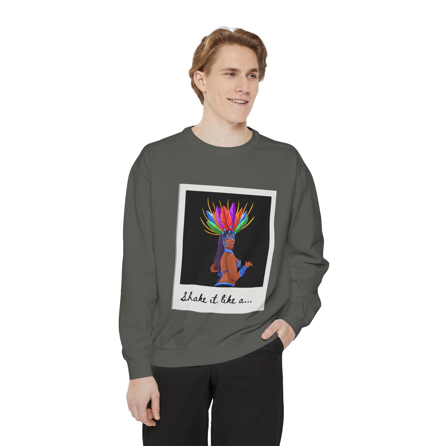"Shake It Like a..." Unisex Lightweight Crewneck Sweatshirt – Carnival-Inspired Samba Dancer Graphic Pullover for Dance Lovers & Festival Vibes