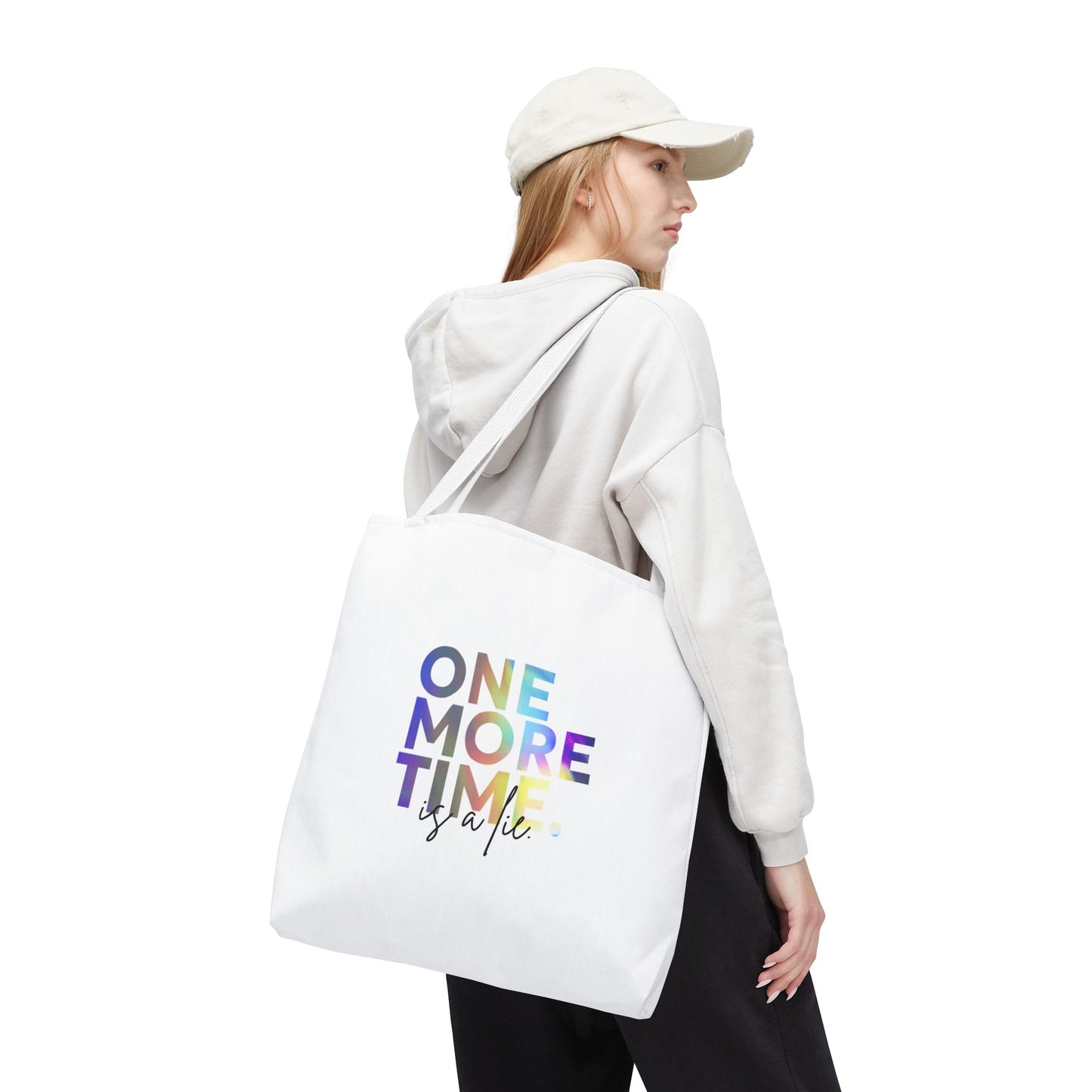 "One More Time Is a Lie" Dance Quote Canvas Tote Bag – Funny Colorful Text Graphic Dance Bag for Rehearsals, Studio & Everyday Use