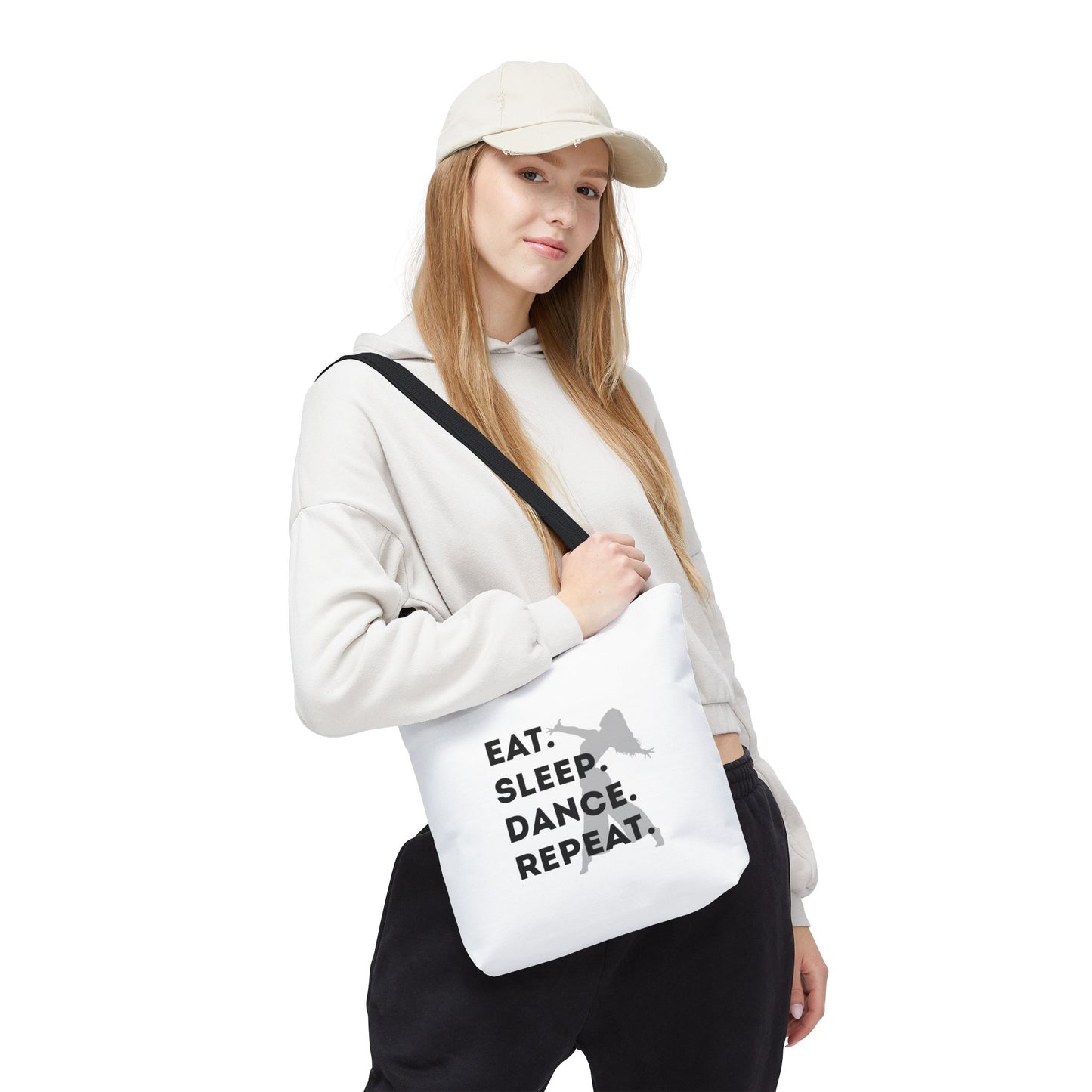 "Eat Sleep Dance Repeat" Canvas Tote Bag – Gray Dancer Silhouette Dance-Themed Reusable Shoulder Bag for Dancers, Studio, or Everyday Use