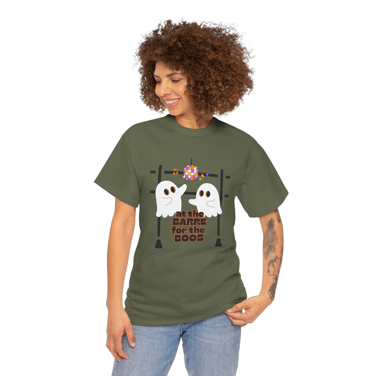 “At the Barre for the Boos” Dance Halloween T-Shirt with Cute Ghost Ballet Graphics - Unisex Heavy Cotton Tee