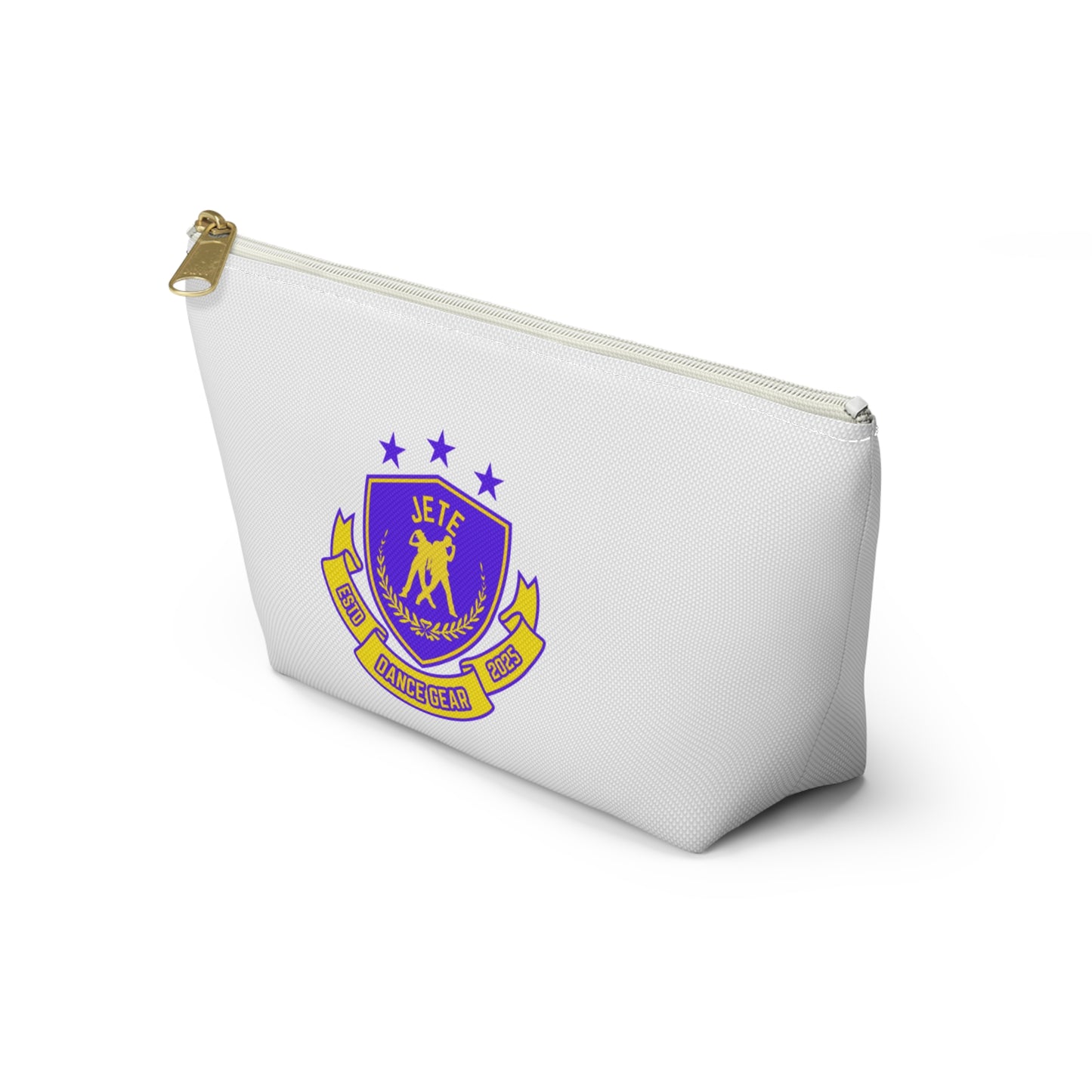 “Jeté Dance Gear" Makeup Bag – Colorful Collegiate-Inspired Dance Graphic – Stylish Zipper Pouch for Cosmetics, Accessories & Team Essentials