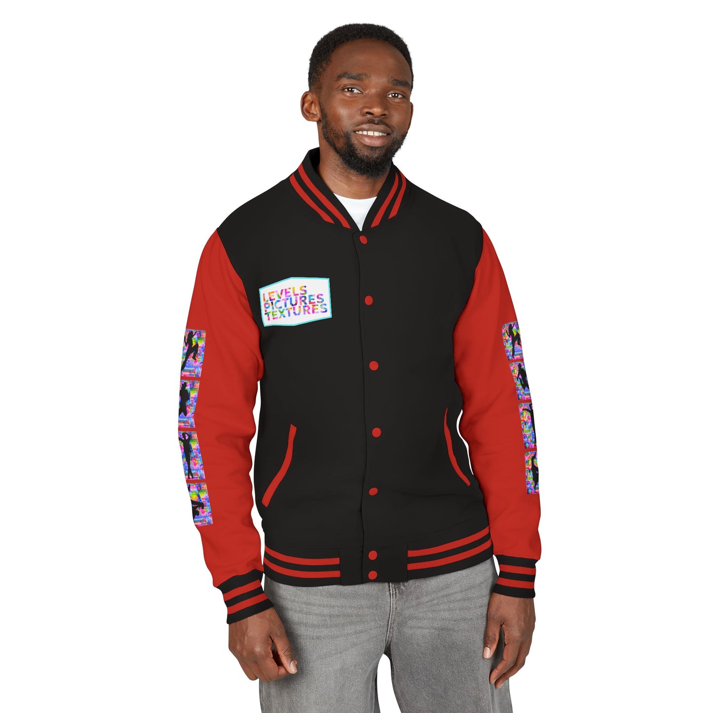 Levels Premium Collection Dance Letterman Jacket β Colorful Unisex Streetwear Varsity Jacket with "Levels Pictures Textures" Front and Dancer Silhouette Back Graphic
