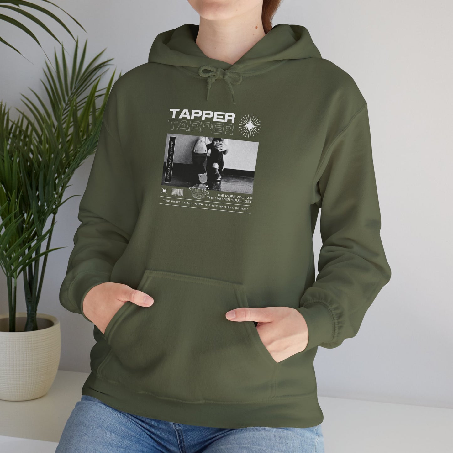 “Tapper” Tap Dance Text with Streetwear-Style Tap Shoes Graphic – Unisex Heavy Blend™ Hooded Sweatshirt – Cozy Dance Hoodie for Tap Dancers & Performing Arts Fans