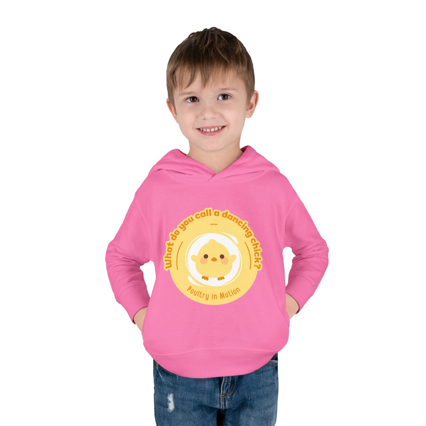 "What do you call a dancing chick? Poultry in Motion." Toddler Pullover Hoodie – Funny Dancing Chicken Pun Graphic Fleece Sweatshirt for Kids