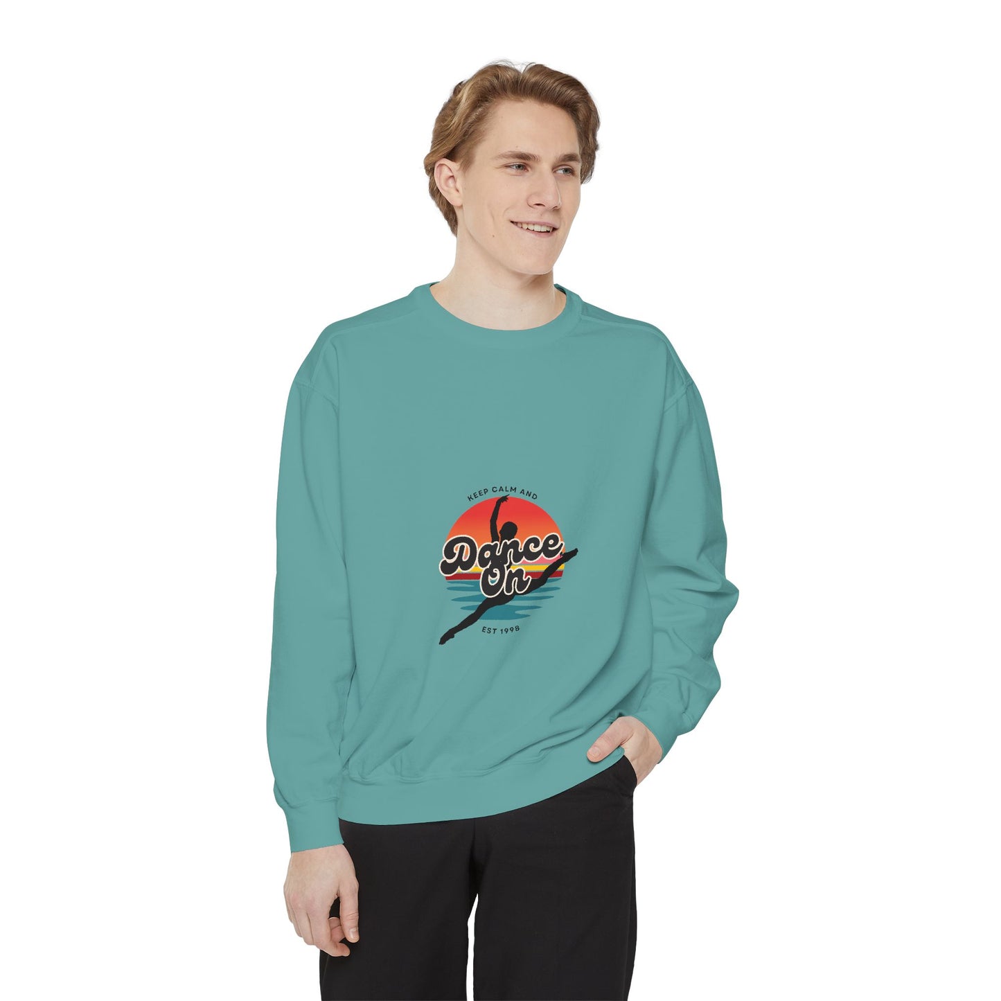 "Keep Calm and Dance On" Unisex Lightweight Crewneck Sweatshirt – Retro-Inspired Dance Graphic Pullover for Dancers & Movement Lovers