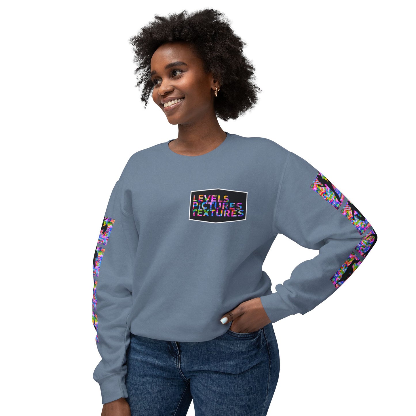 Levels Premium Collection Dance Crewneck Sweatshirt – Vibrant Unisex Streetwear Pullover with "Levels Pictures Textures" Front Text and Dancer Silhouettes on Sleeves