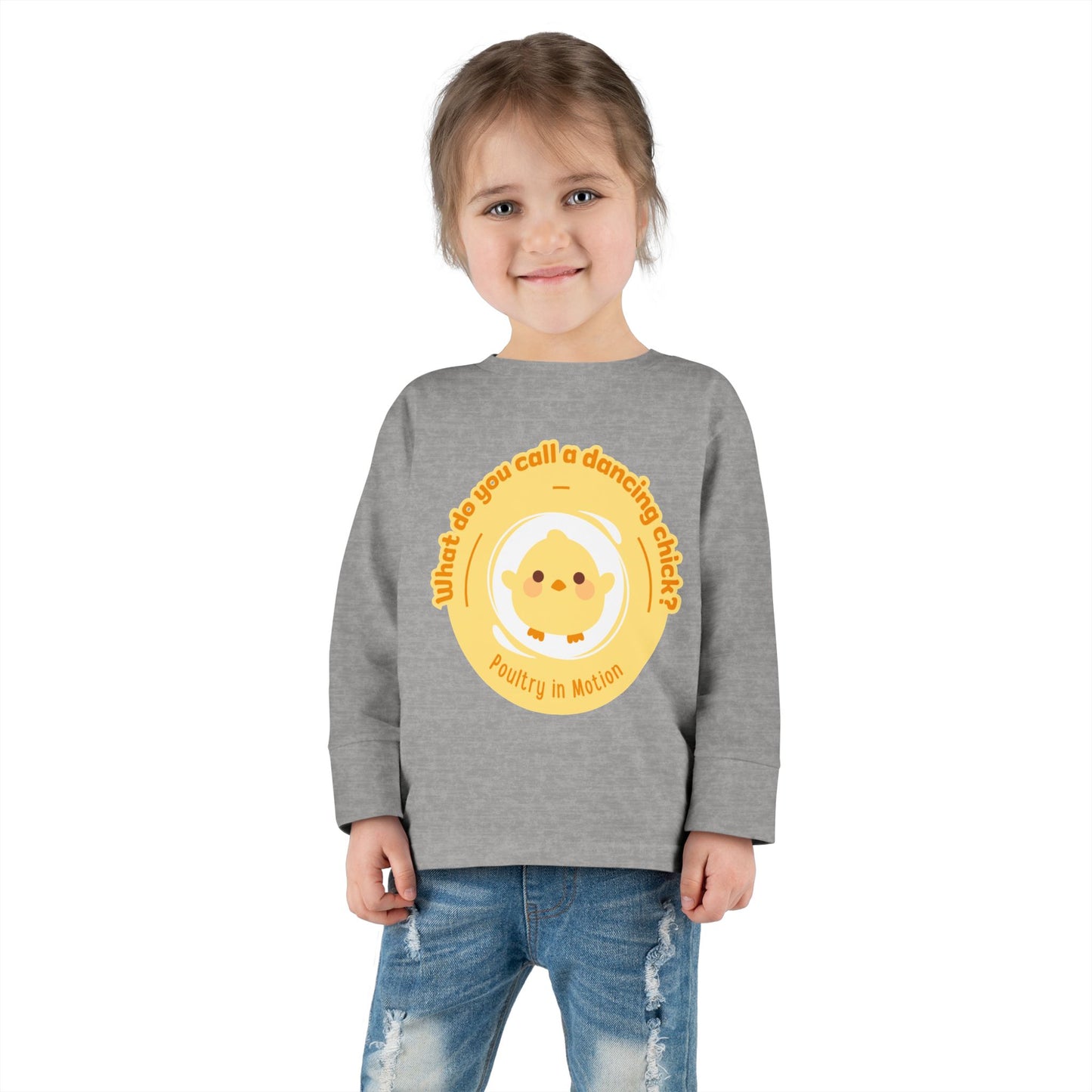 "What Do You Call a Dancing Chick? Poultry in Motion" Toddler Dance T-Shirt – Cute Chicken Graphic Long Sleeve Tee for Kids