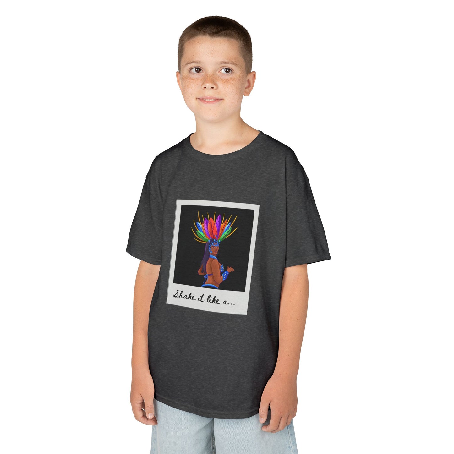 "Shake It Like a..." Youth Short Sleeve Tee β Carnival-Inspired Samba Dancer Graphic Dance Shirt for Kids