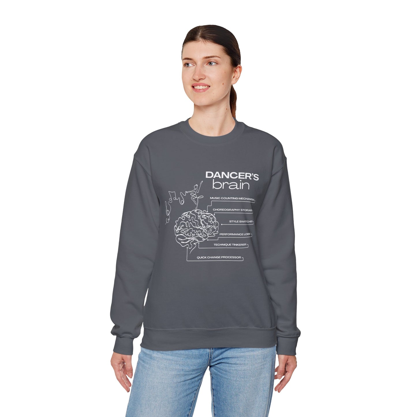 “Dancer’s Brain” Funny Dance Anatomy Sweatshirt – Unisex Heavy Blend Crewneck with Optional Name or Studio Personalization