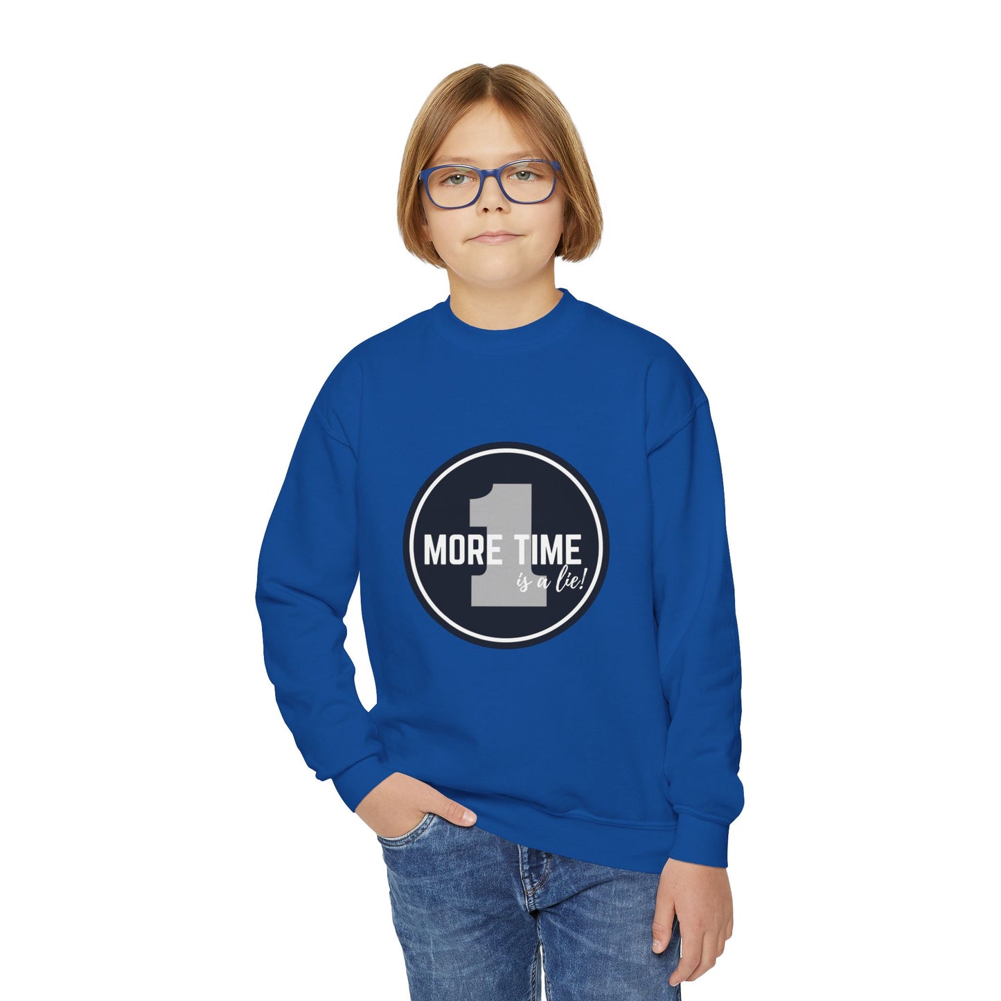 "One More Time Is a Lie" – Bold Dance Quote Youth Crewneck Sweatshirt | Funny Rehearsal Kids Pullover