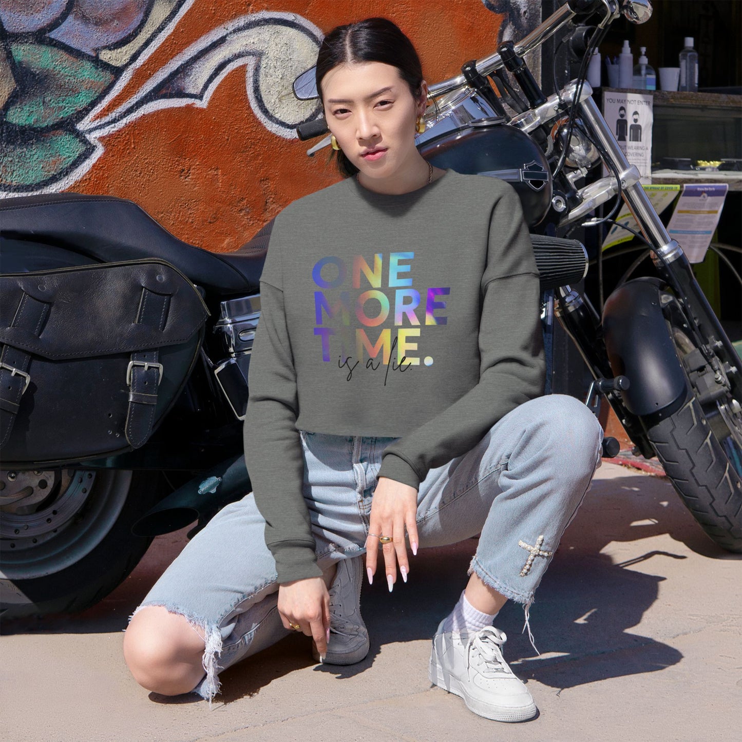 "One More Time is a Lie" Women’s Cropped Dance Sweatshirt – Colorful Text Graphic | Funny Rehearsal Quote Apparel for Dancers & Performers