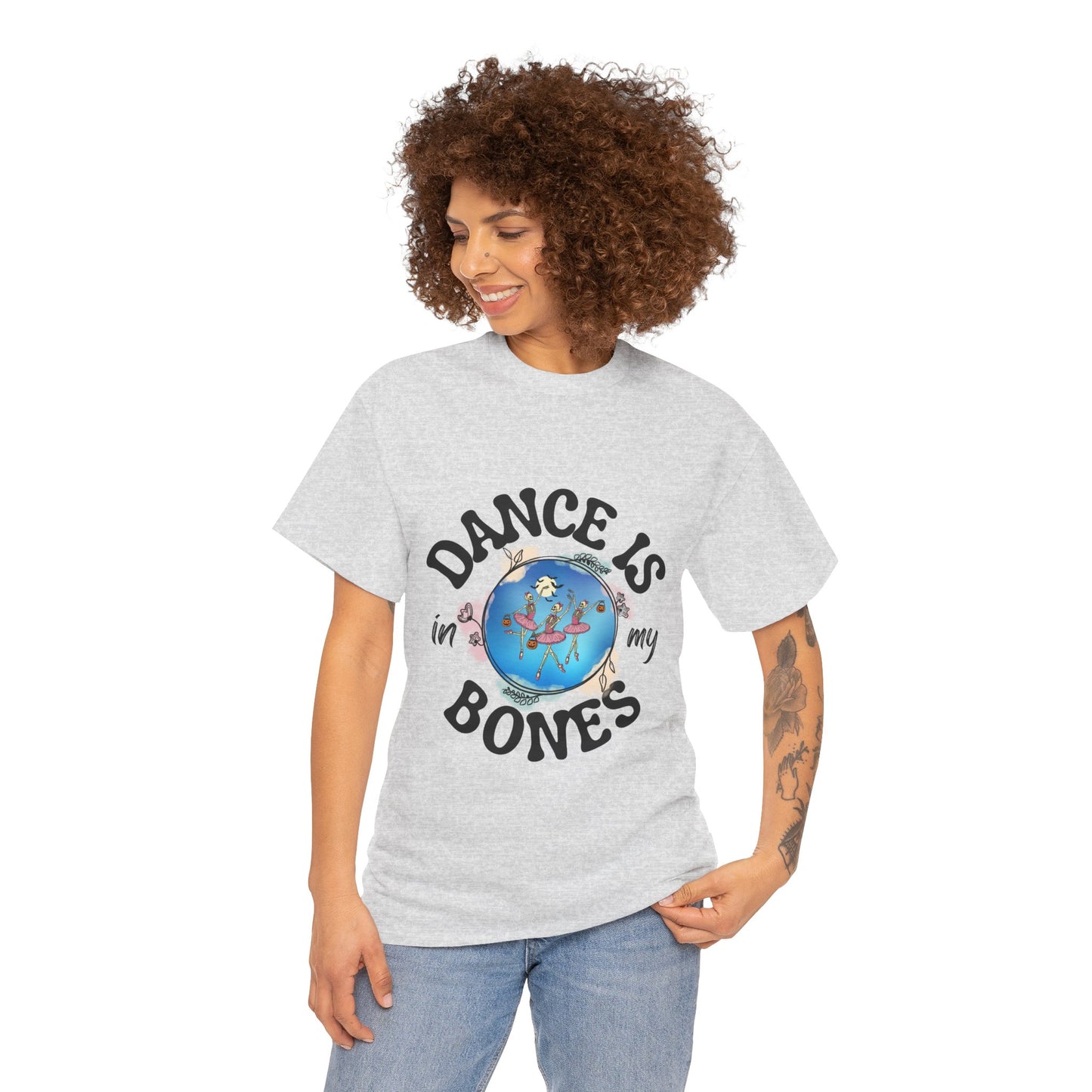 “Dance Is in My Bones” Halloween Dance T-Shirt with Dancing Skeletons Graphic - Unisex Heavy Cotton Tee