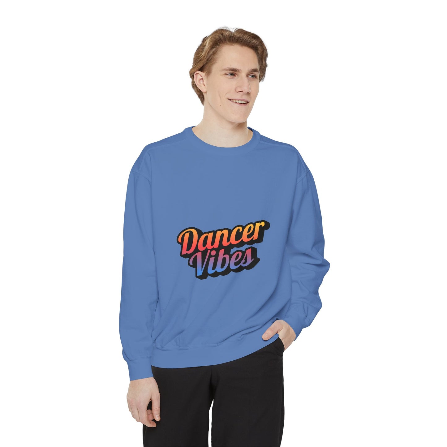 "Dancer Vibes" Unisex Lightweight Crewneck Sweatshirt – Colorful Text Graphic Pullover for Dance Lovers & Studio Style