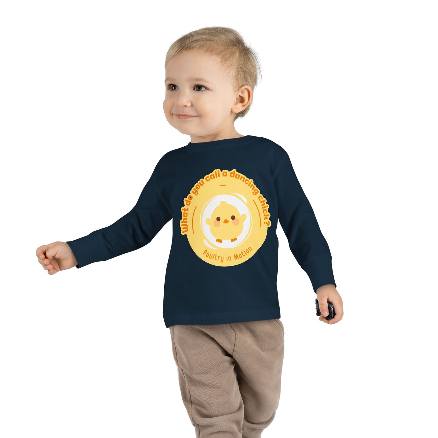 "What Do You Call a Dancing Chick? Poultry in Motion" Toddler Dance T-Shirt – Cute Chicken Graphic Long Sleeve Tee for Kids