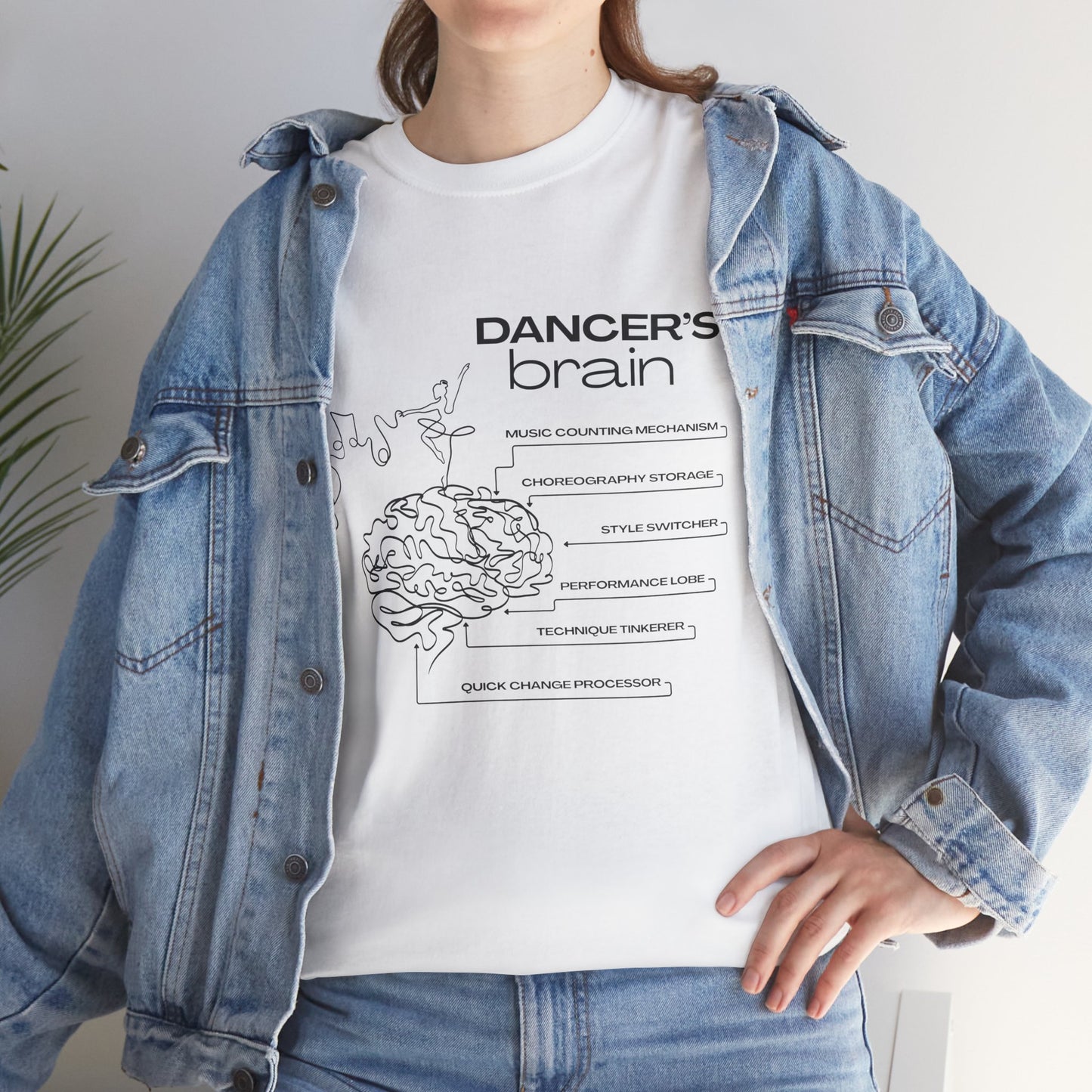 “Dancer’s Brain” Funny Dance Anatomy T-Shirt – Unisex Heavy Cotton Tee with Cute Dancer Brain Diagram and Optional Back Personalization