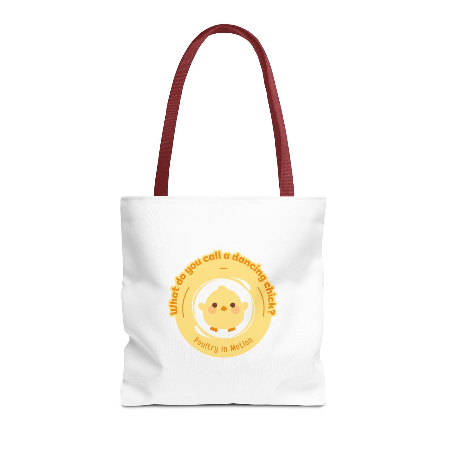 "What do you call a dancing chick? Poultry in Motion" Funny Dance Tote Bag – Kawaii Chicken Canvas Tote for Dancers & Dance Lovers