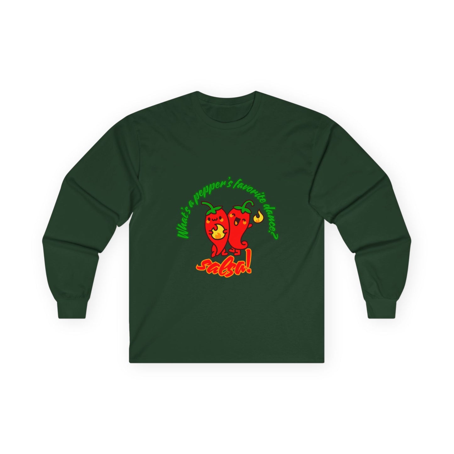 "What’s a Pepper’s Favorite Dance? Salsa!" Unisex Long Sleeve Tee – Funny Dance Pun Shirt with Cute Pepper Graphic for Dancers & Food Lovers