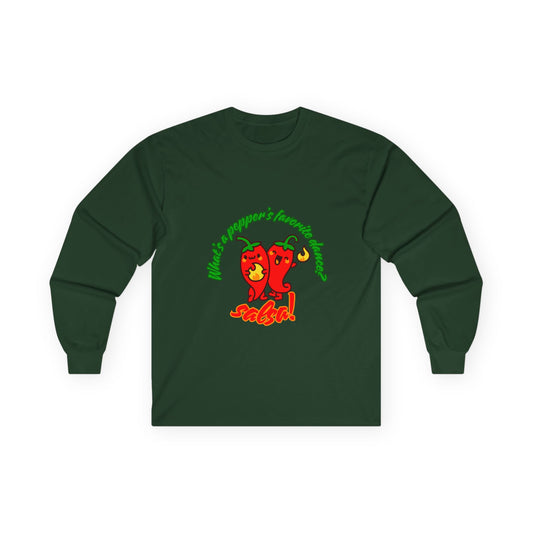 "What’s a Pepper’s Favorite Dance? Salsa!" Unisex Long Sleeve Tee – Funny Dance Pun Shirt with Cute Pepper Graphic for Dancers & Food Lovers