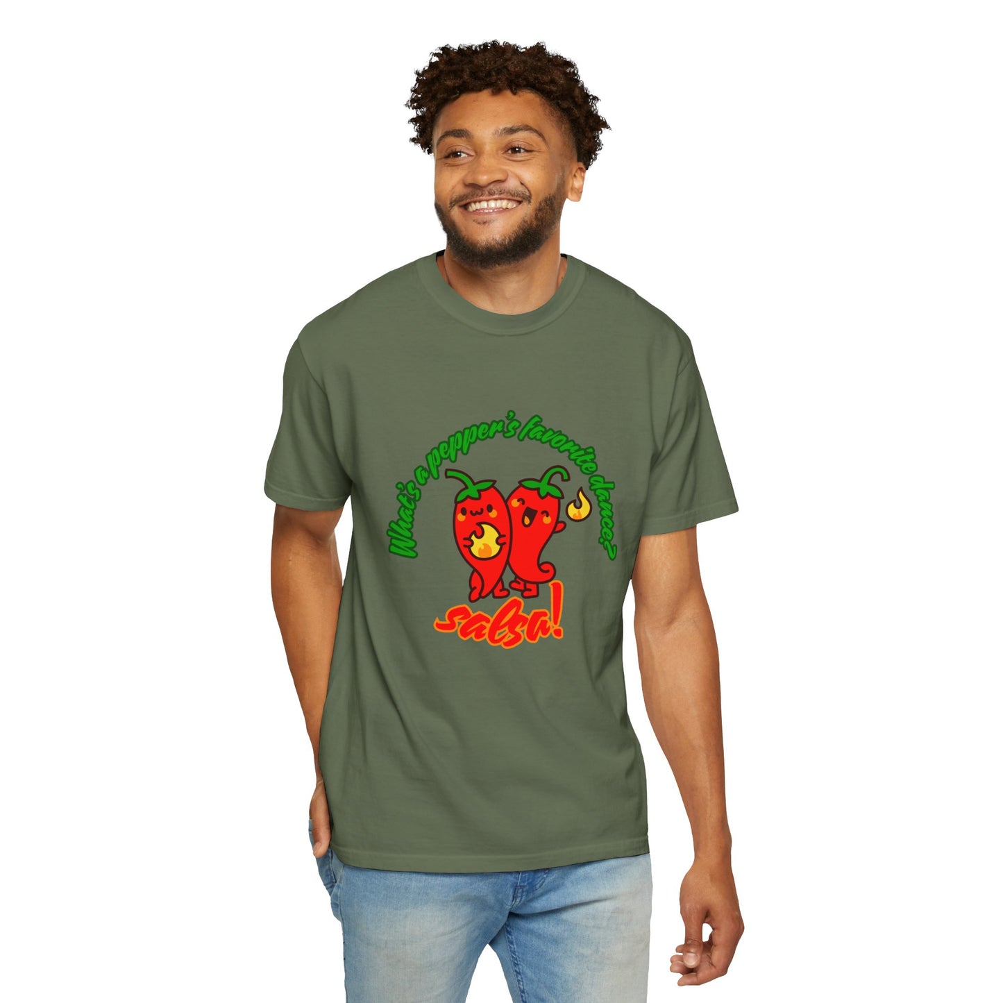 "What's a Pepper's Favorite Dance? Salsa!" Dance Pun Unisex Garment-Dyed T-Shirt – Funny Dance Joke Tee with Cute Pepper Graphic – Dance Humor Shirt for Food & Pun Lovers
