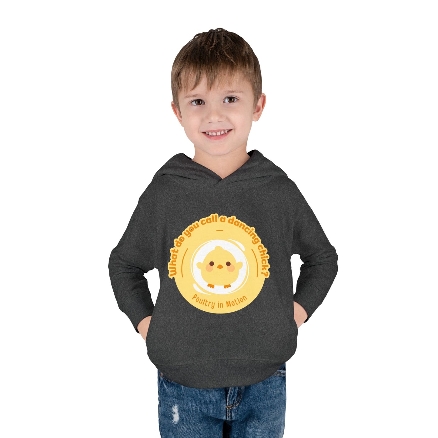 "What do you call a dancing chick? Poultry in Motion." Toddler Pullover Hoodie – Funny Dancing Chicken Pun Graphic Fleece Sweatshirt for Kids