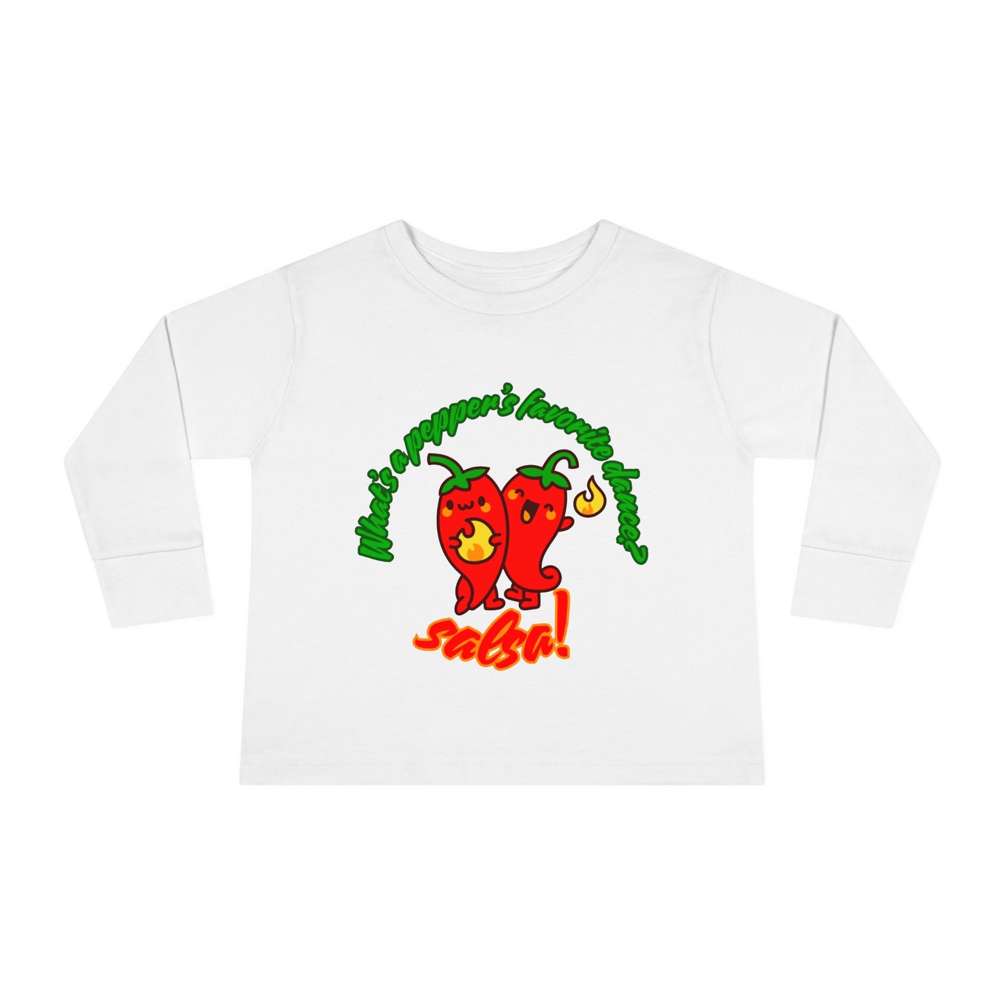 "What Is a Pepper's Favorite Dance? Salsa!" Toddler Dance T-Shirt – Cute Pepper Pun Graphic Long Sleeve Tee for Kids