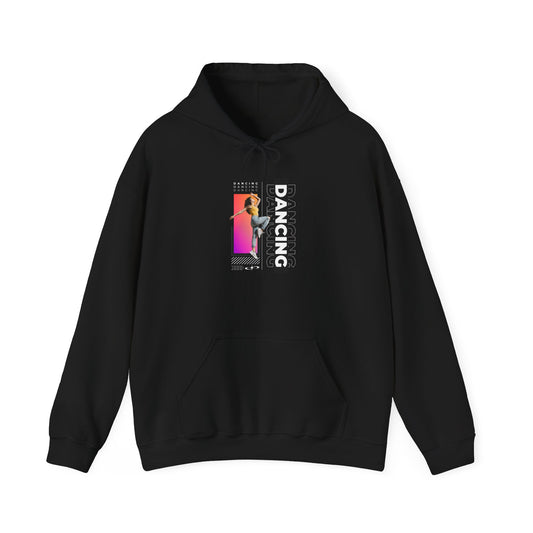 Dancing” Text with Streetwear-Style Female Dancer Graphic - Unisex Heavy Blend™ Hooded Sweatshirt – Cozy Dance Hoodie for Ballet & Hip-Hop Enthusiasts