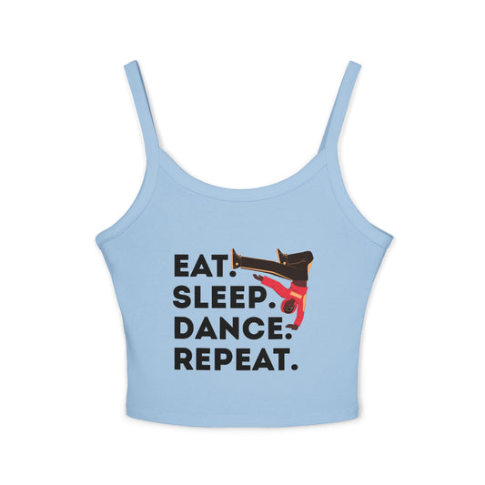 "Eat Sleep Dance Repeat" Women's Spaghetti Strap Dance Tank Top – Bold B-Boy Graphic Streetwear Style