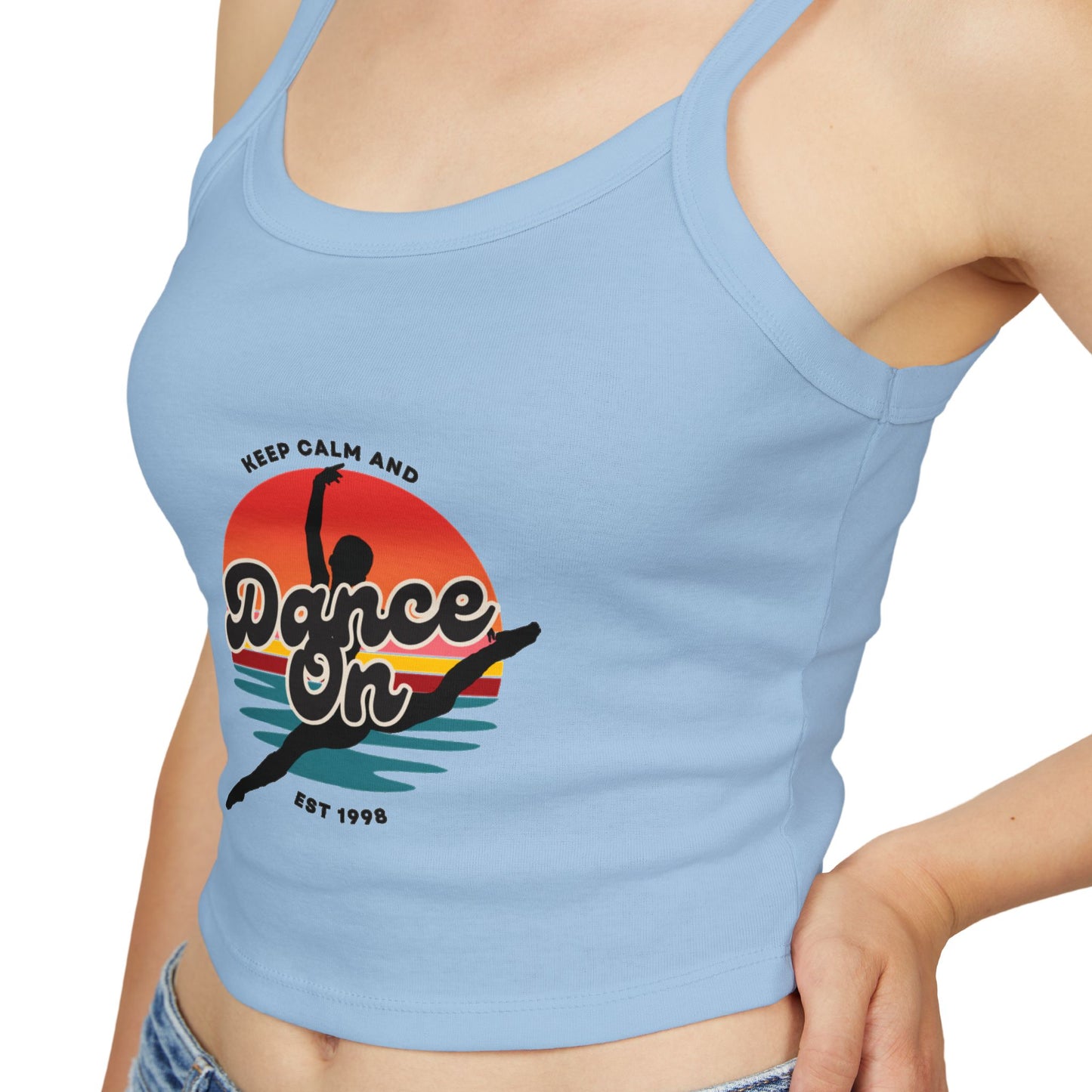 "Keep Calm and Dance On" Women’s Spaghetti Strap Tank Top – Retro Graphic Design | Fun & Stylish Dancewear for Studio, Festivals, and Everyday Outfits